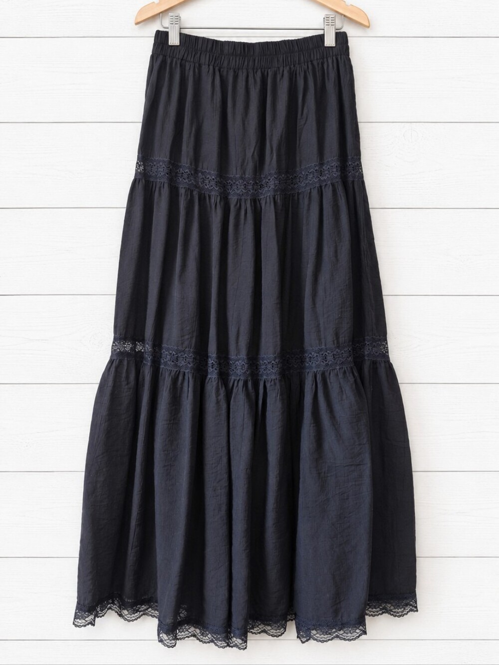 Fashion Nova Tiered Lace-Trim Maxi Skirt in Black Size XS
